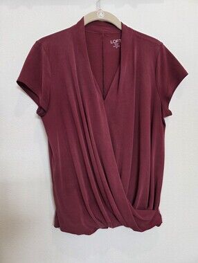 LOFT Small Petite Soft Plum-berry Pink Draped Surplice Short-Sleeve Top